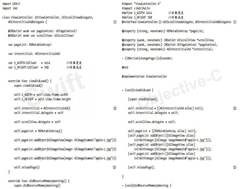 iAdFullScreen1Demo中視圖控制器ViewController的類定義、屬性聲明和初始化等的相關(guān)代碼一